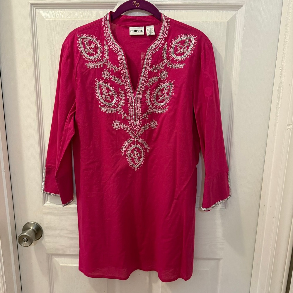 Chico's Womens Size 2 (L) Sequined Surprise Summerberry Pink Tunic Blouse Top